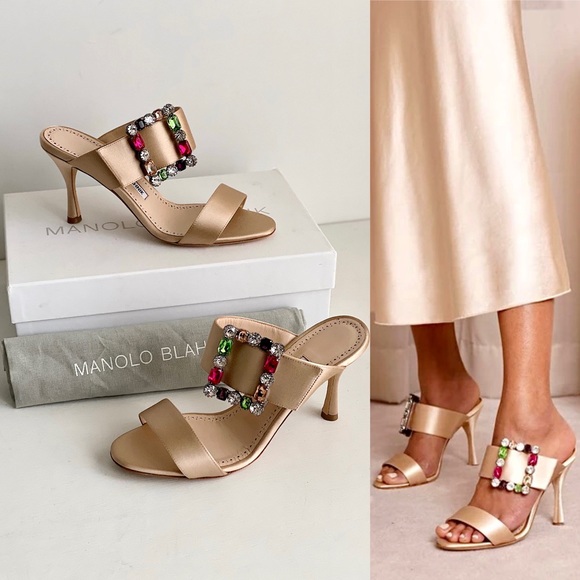 Manolo Blahnik Shoes - ✨New MANOLO BLAHNIK Verda Satin Crystal Slide Heel Sandals Nude Size 37.5